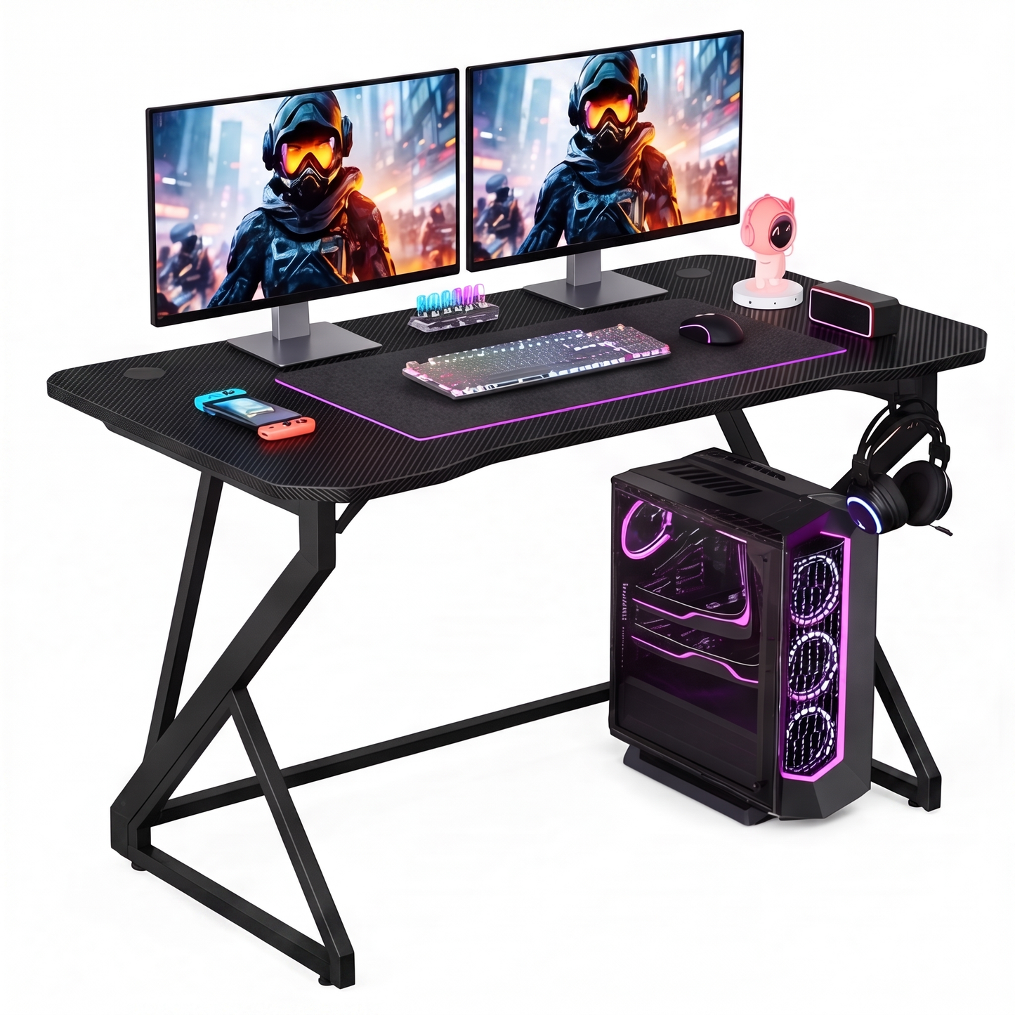Grandder Gaming Desk Z Shaped 40 Inch Gamer Workstation Home Computer Carbon Fiber Surface Gaming Desk PC Table with Headphone Hook Carbon Fiber Black