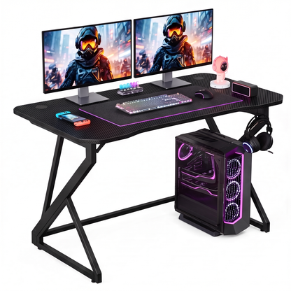 Grandder Gaming Desk Z Shaped 40 Inch Gamer Workstation Home Computer Carbon Fiber Surface Gaming Desk PC Table with Headphone Hook Carbon Fiber Black