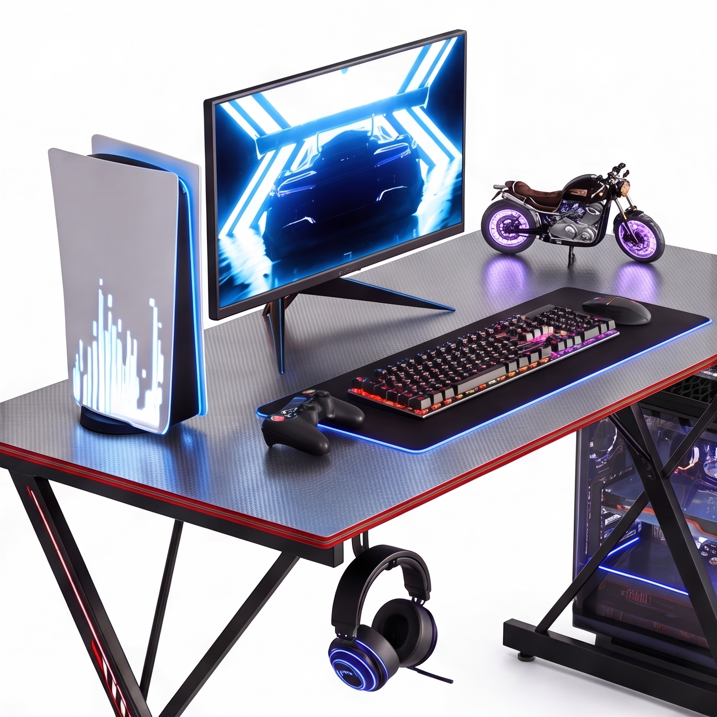 CubiCubi Gaming Desk 47 Inch PC Computer Desk Carbon Fiber Home Office Desk Table Gamer Workstation Simple Game Table with Headphone Hook Gray