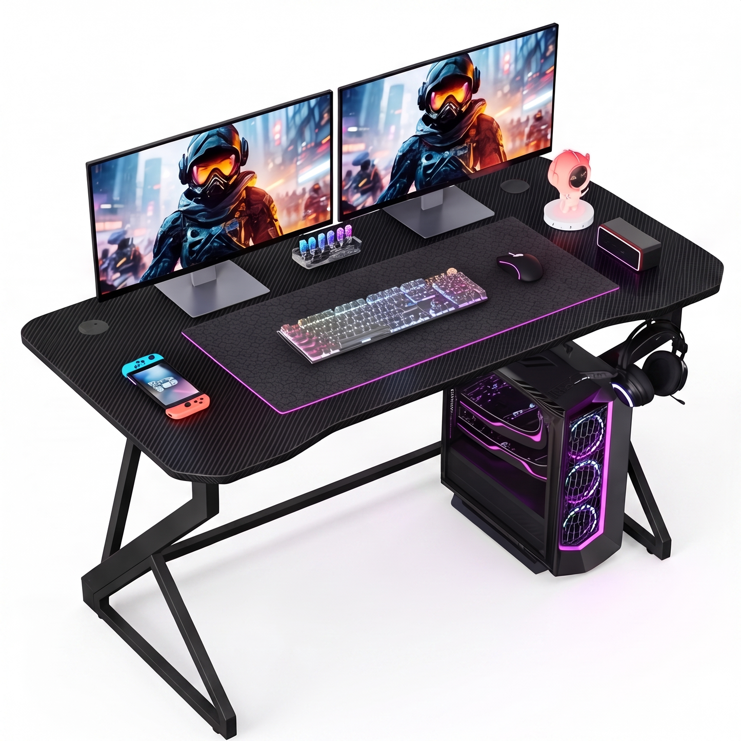 Grandder Gaming Desk Z Shaped 40 Inch Gamer Workstation Home Computer Carbon Fiber Surface Gaming Desk PC Table with Headphone Hook Carbon Fiber Black