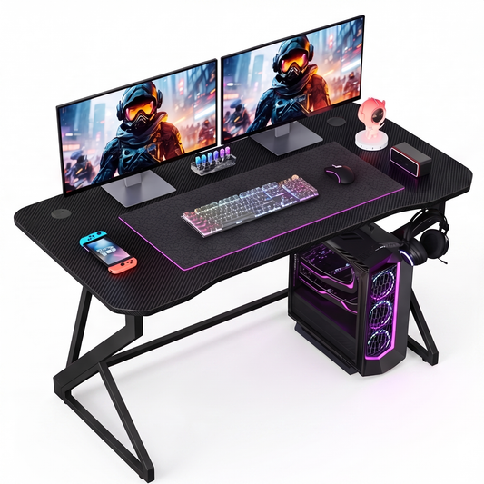 Grandder Gaming Desk Z Shaped 40 Inch Gamer Workstation Home Computer Carbon Fiber Surface Gaming Desk PC Table with Headphone Hook Carbon Fiber Black