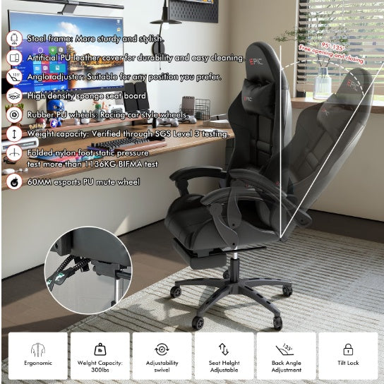 4supply Ergonomic Gaming Chair In Breathable PU Leather With High-density Foam Cushions